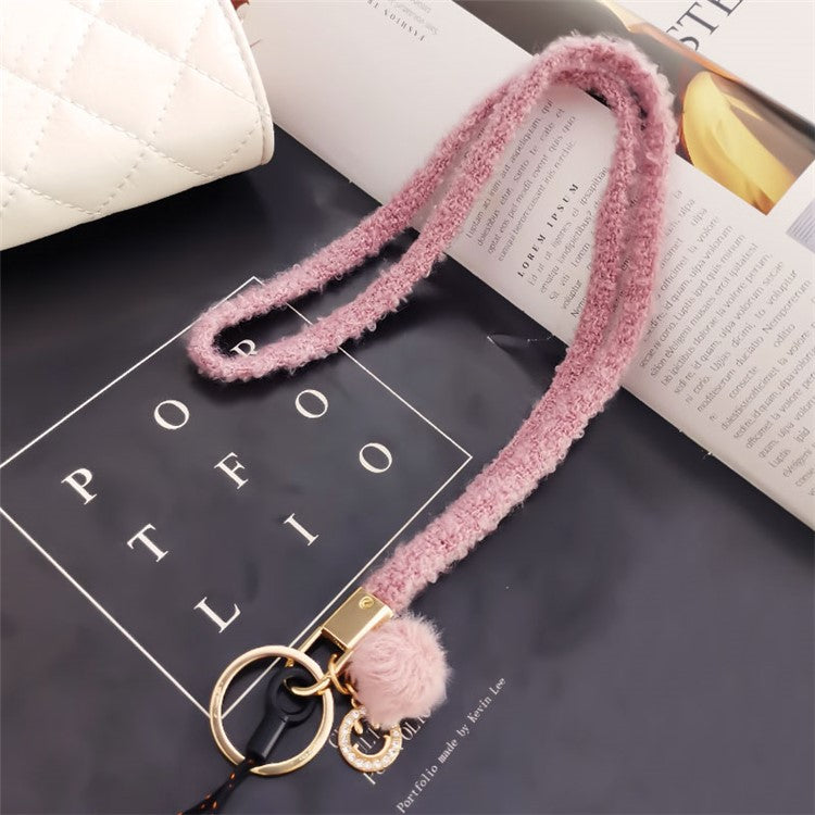 Phone Lanyard Wrist Strap Key Chain Holder Keychain with Plush Pompom Decor for Smartphone Case - Pink