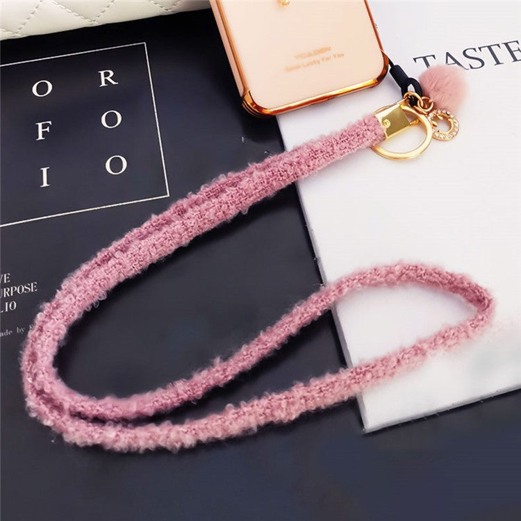 Phone Lanyard Wrist Strap Key Chain Holder Keychain with Plush Pompom Decor for Smartphone Case - Pink