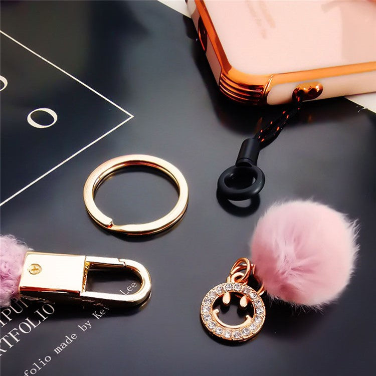 Phone Lanyard Wrist Strap Key Chain Holder Keychain with Plush Pompom Decor for Smartphone Case - Pink