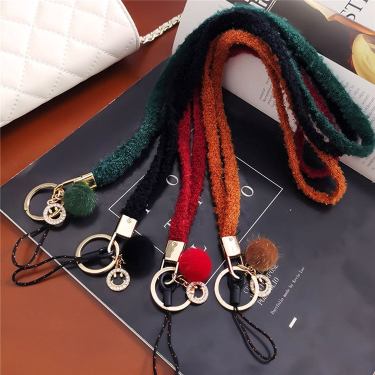 Phone Lanyard Wrist Strap Key Chain Holder Keychain with Plush Pompom Decor for Smartphone Case - Pink