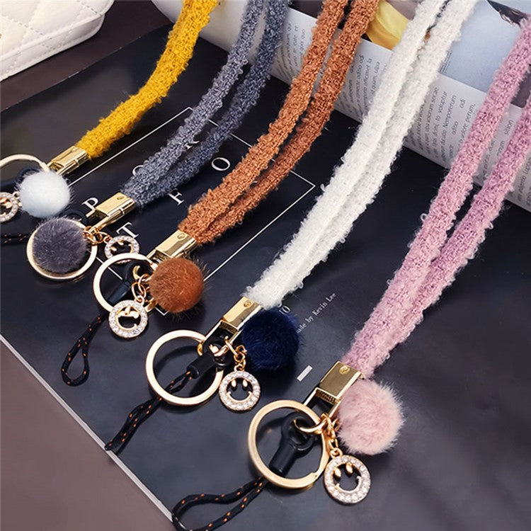 Phone Lanyard Wrist Strap Key Chain Holder Keychain with Plush Pompom Decor for Smartphone Case - Pink