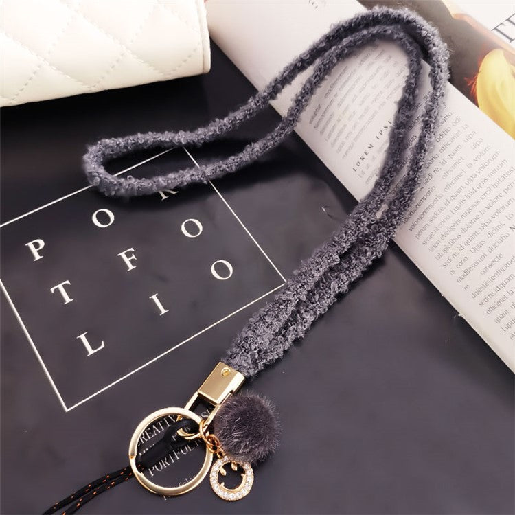 Phone Lanyard Wrist Strap Key Chain Holder Keychain with Plush Pompom Decor for Smartphone Case - Dark Grey