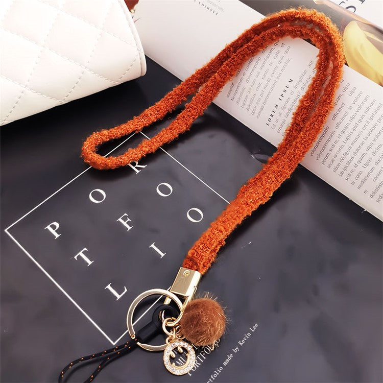 Phone Lanyard Wrist Strap Key Chain Holder Keychain with Plush Pompom Decor for Smartphone Case - Orange