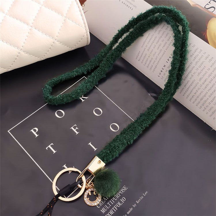 Phone Lanyard Wrist Strap Key Chain Holder Keychain with Plush Pompom Decor for Smartphone Case - Blackish Green