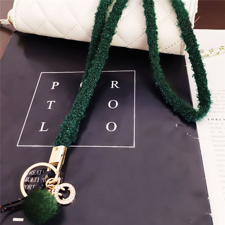 Phone Lanyard Wrist Strap Key Chain Holder Keychain with Plush Pompom Decor for Smartphone Case - Blackish Green