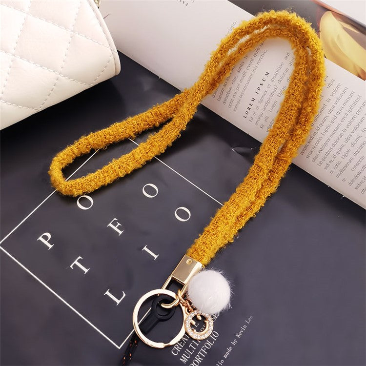 Phone Lanyard Wrist Strap Key Chain Holder Keychain with Plush Pompom Decor for Smartphone Case - Yellow