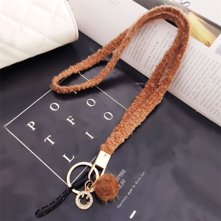 Phone Lanyard Wrist Strap Key Chain Holder Keychain with Plush Pompom Decor for Smartphone Case - Light Brown