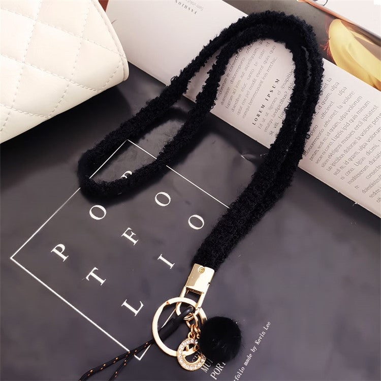 Phone Lanyard Wrist Strap Key Chain Holder Keychain with Plush Pompom Decor for Smartphone Case - Black