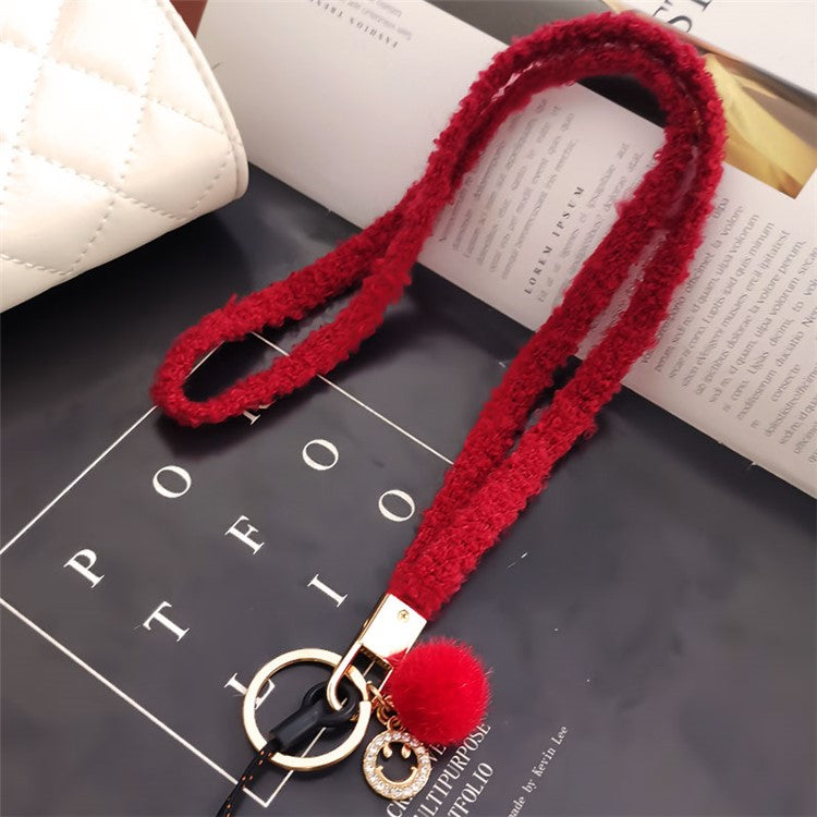 Phone Lanyard Wrist Strap Key Chain Holder Keychain with Plush Pompom Decor for Smartphone Case - Red