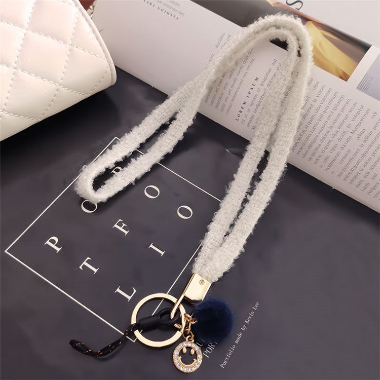 Phone Lanyard Wrist Strap Key Chain Holder Keychain with Plush Pompom Decor for Smartphone Case - White