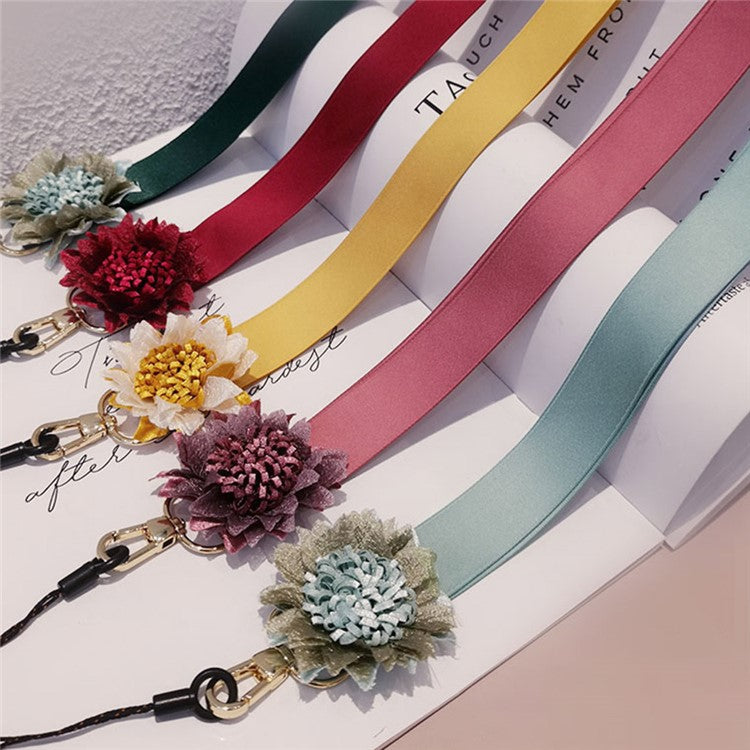 Cell Phone Lanyard Neck Strap Flower Decor Universal Lanyard Anti-lost Necklace Cord - Wine Red