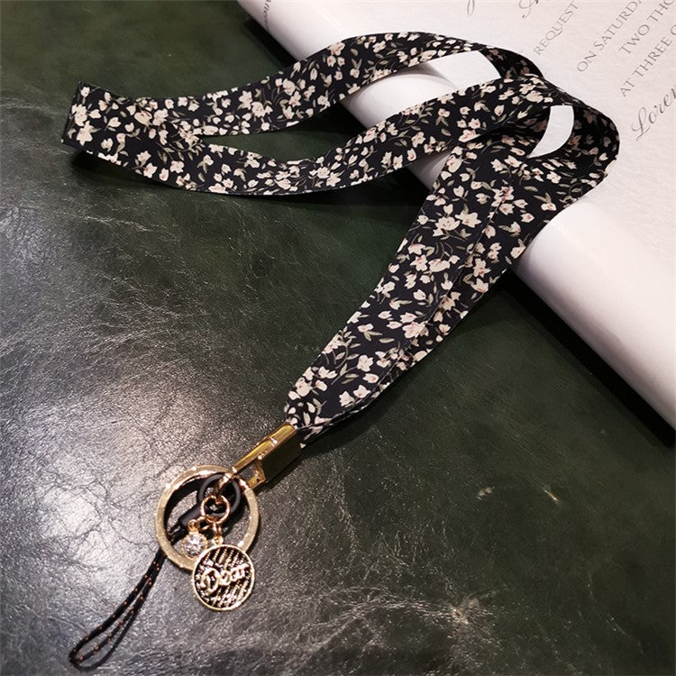 Universal Cell Phone Lanyard Floral Patterns Neck Strap Key Chain Long Lanyard Strap Keychain Holder - Black