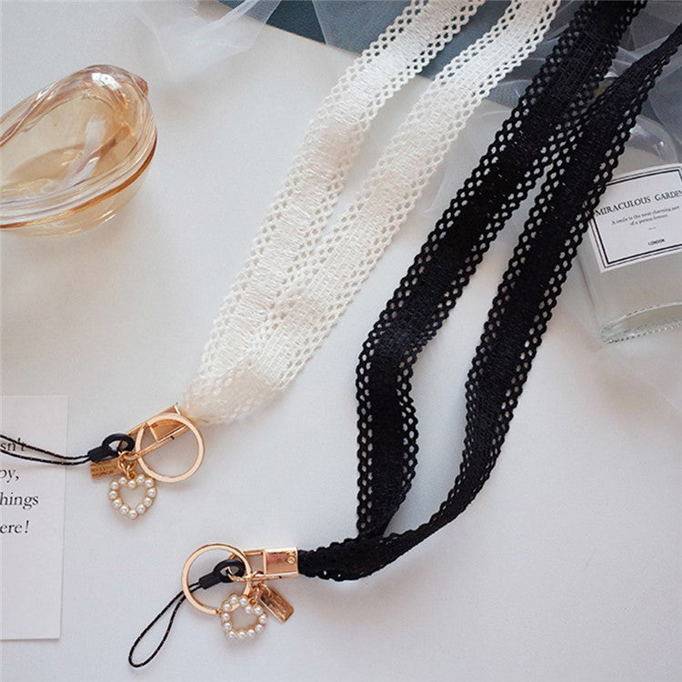 Crossbody Phone Lanyard Neck Strap Lanyard Love-shape Pearl Pendant Cell Phone Strap - Blue