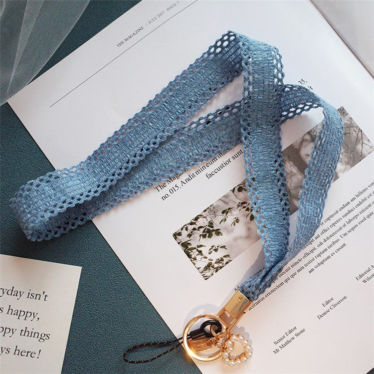 Phone Lanyard Neck Strap Lanyard Love-shape Pearl Pendant Cell Phone Strap - Sky Blue