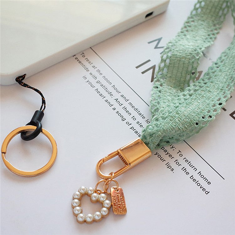 Phone Lanyard Neck Strap Lanyard Love-shape Pearl Pendant Cell Phone Strap - Grass Green