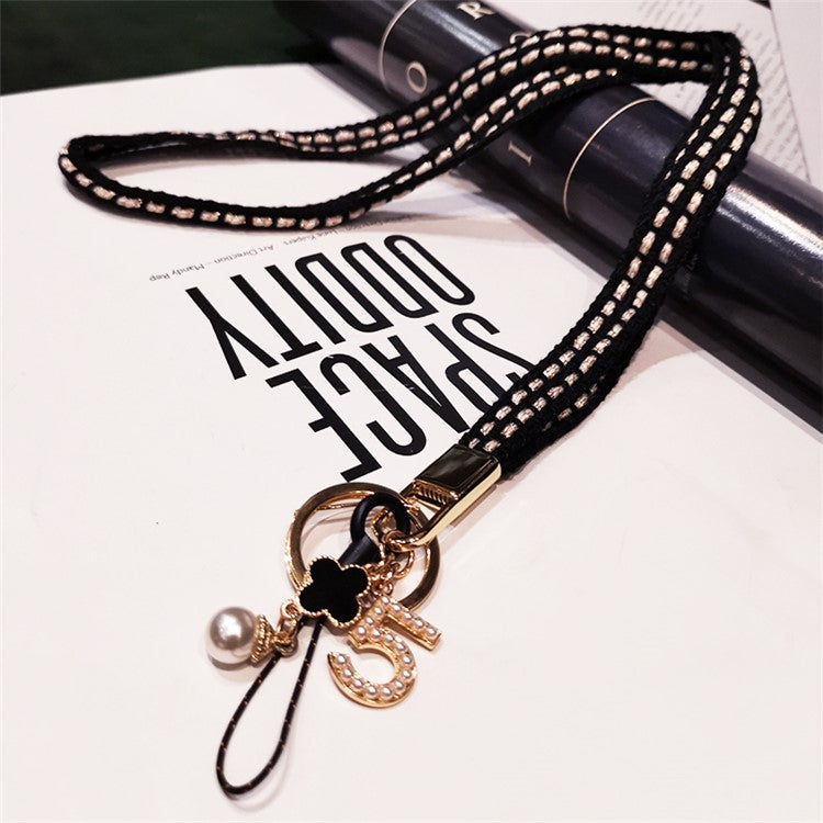 Phone Lanyard Phone Neck Strap Pearl Clover Pendant Braided Wool Cell Phone Cord - Black