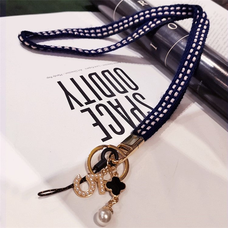 Phone Lanyard Phone Neck Strap Pearl Clover Pendant Braided Wool Cell Phone Cord - Dark Blue