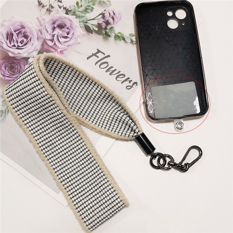 Phone Lanyard Neck Strap with Patch Universal Cell Phone Cord Strap Plush Plaid Phone Tether Strap - White