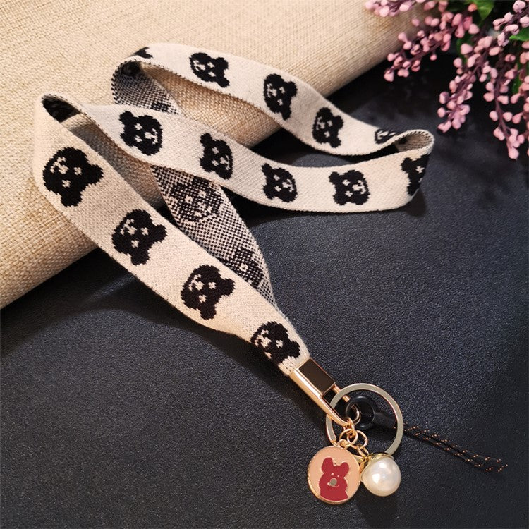 Mobile Phone Lanyard Bear Prints Cotton Phone Strap Pendant Phone Tether Lanyard Key Chain Strap - White