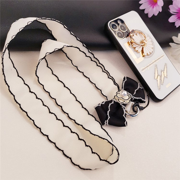 Pearl Decor Lanyard Phone Carrying Strap Wrist Key Chain Holder Universal for Mobile Phone Case, Work ID Card Case - Grid Pattern