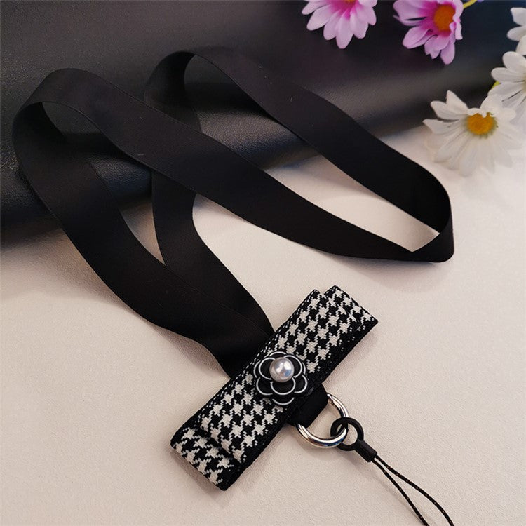 Pearl Decor Lanyard Phone Carrying Strap Wrist Key Chain Holder Universal for Mobile Phone Case, Work ID Card Case - Black