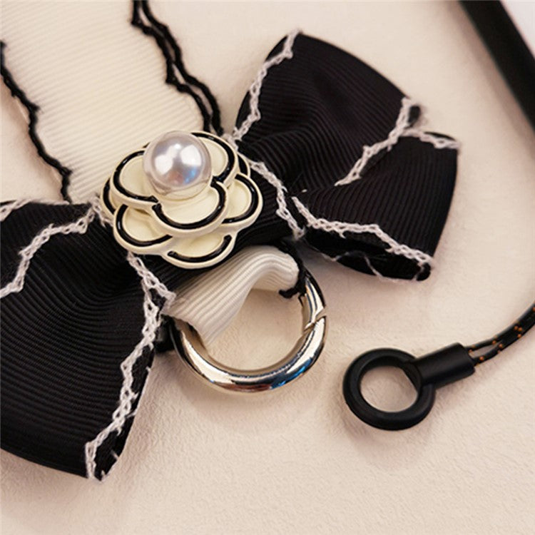 Pearl Decor Lanyard Phone Carrying Strap Wrist Key Chain Holder Universal for Mobile Phone Case, Work ID Card Case - Black