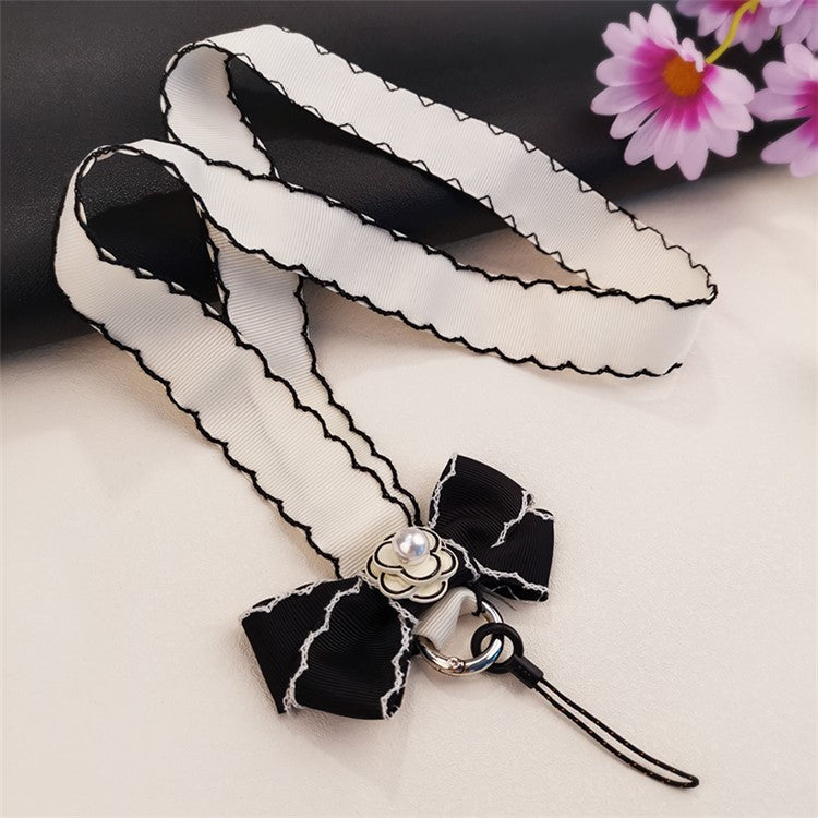 Pearl Decor Lanyard Phone Carrying Strap Wrist Key Chain Holder Universal for Mobile Phone Case, Work ID Card Case - White