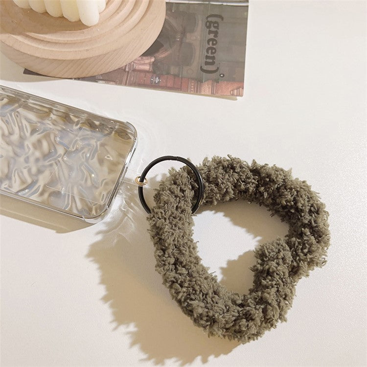 A10 Style Warm Plush Phone Hand Strap Heart Wristlet Bracelet Charm with Tether Tab - Milky White