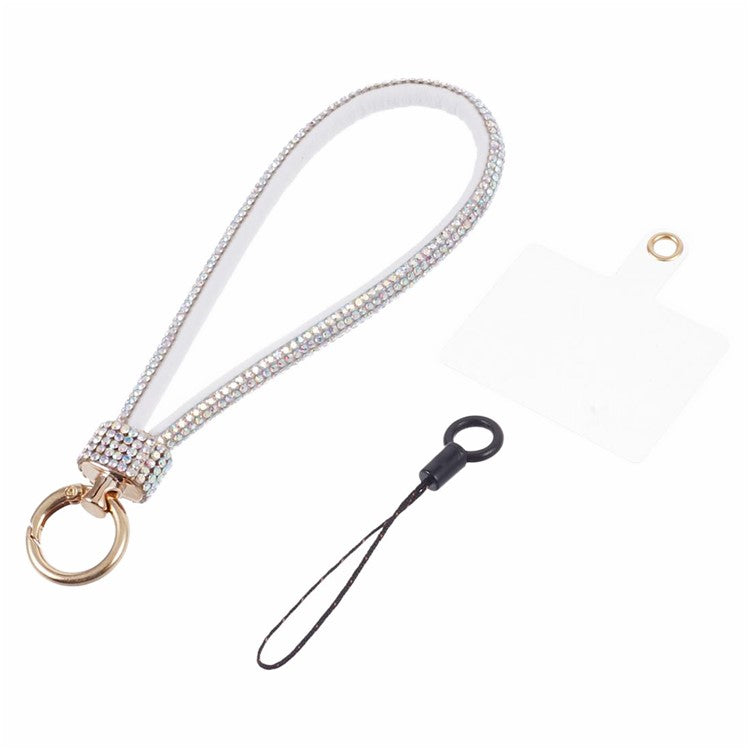 A12 Style Phone Wrist Strap Rhinestone Decor Bling Wristlet Key Chain with Patch - White