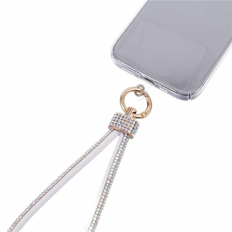 A12 Style Phone Wrist Strap Rhinestone Decor Bling Wristlet Key Chain with Patch - White