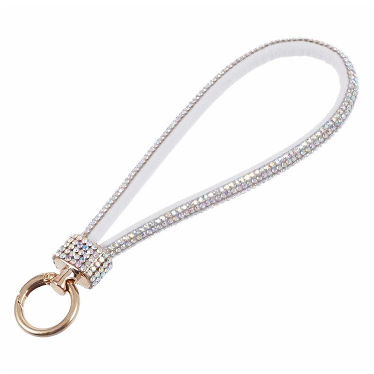 A12 Style Phone Wrist Strap Rhinestone Decor Bling Wristlet Key Chain with Patch - White