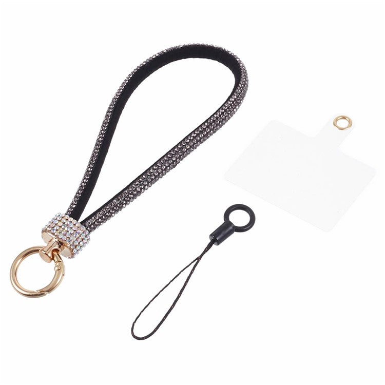 A12 Style Phone Wrist Strap Rhinestone Decor Bling Wristlet Key Chain with Patch - Black