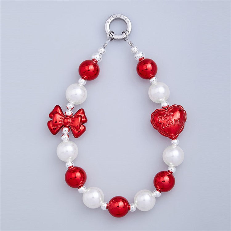 PICOCICI Love Heart Bowknot Decor Phone Anti-drop Lanyard Beaded Bracelet Hand Chain - Style E