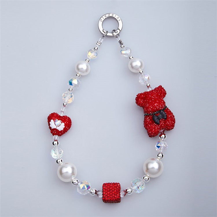 PICOCICI Cute Bear Heart Decor Beaded Bracelet Phone Hand Chain Anti-drop Lanyard - Style A