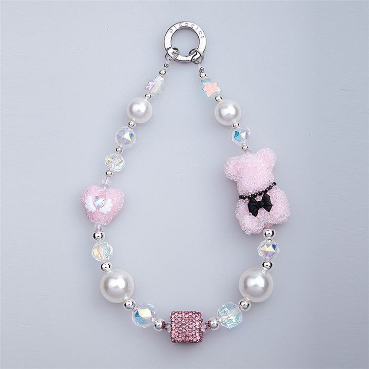 PICOCICI Cute Bear Heart Decor Beaded Bracelet Phone Hand Chain Anti-drop Lanyard - Style E