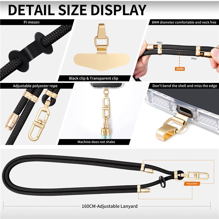 LEEU DESIGN Phone Lanyard 160cm Adjustable Crossbody Cell Phone Neck Strap with Pad - Black