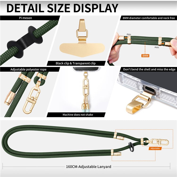 LEEU DESIGN 120cm Smartphone Shoulder Strap with Metal Tether Tab, Adjustable Cell Phone Polyester Lanyard - Blackish Green