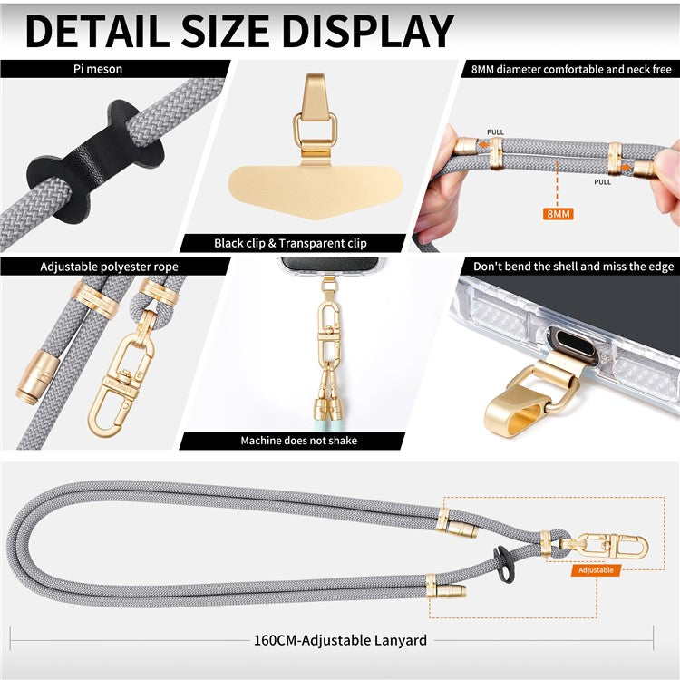 LEEU DESIGN 120cm Smartphone Shoulder Strap with Metal Tether Tab, Adjustable Cell Phone Polyester Lanyard - Light Grey