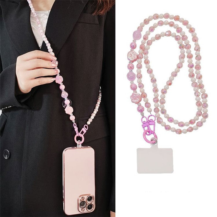 110cm Phone Lanyard for iPhone 16 / 16 Plus / 16 Pro / 16 Pro Max Beaded Shoulder Neck Strap with Patch - Pink