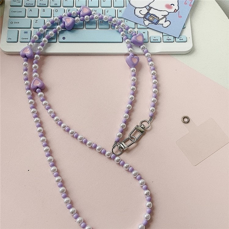 110cm Phone Lanyard Love Heart Pearl Beaded Crossbody Chain Strap - Purple