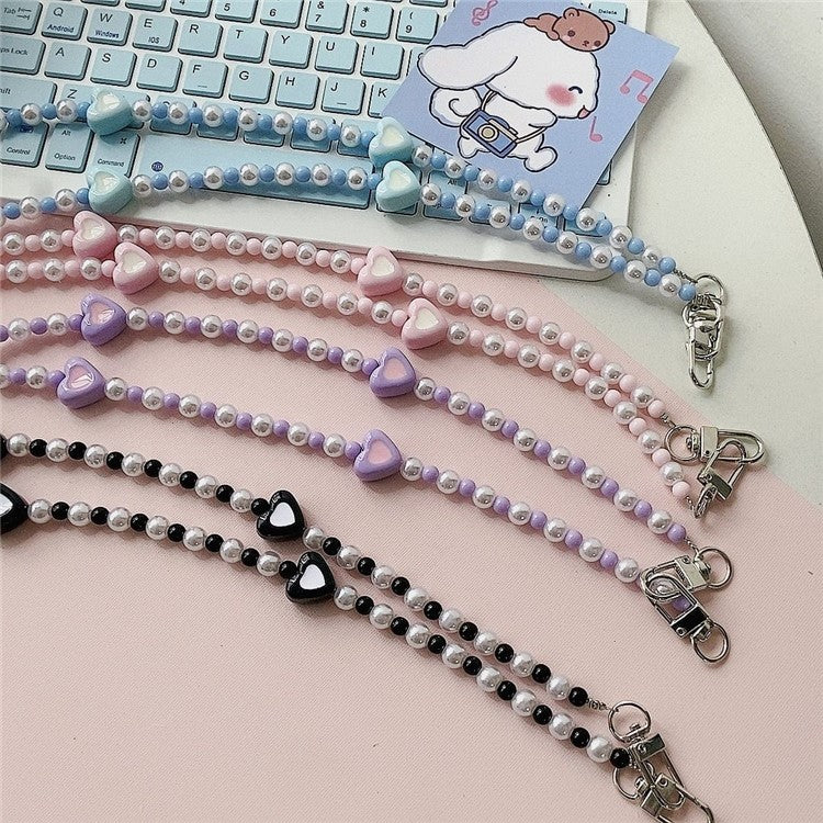 110cm Phone Lanyard Love Heart Pearl Beaded Crossbody Chain Strap - Purple