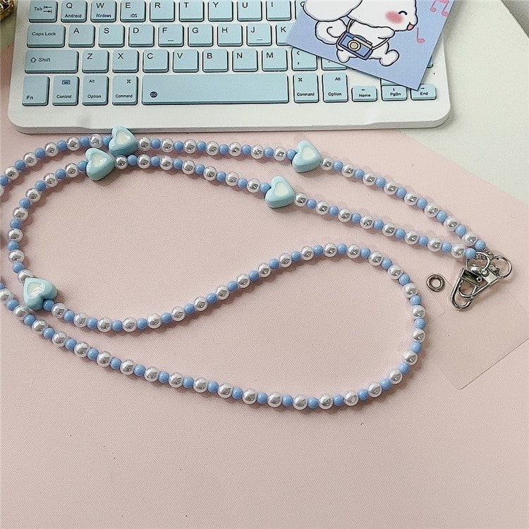 110cm Phone Lanyard Love Heart Pearl Beaded Crossbody Chain Strap - Blue