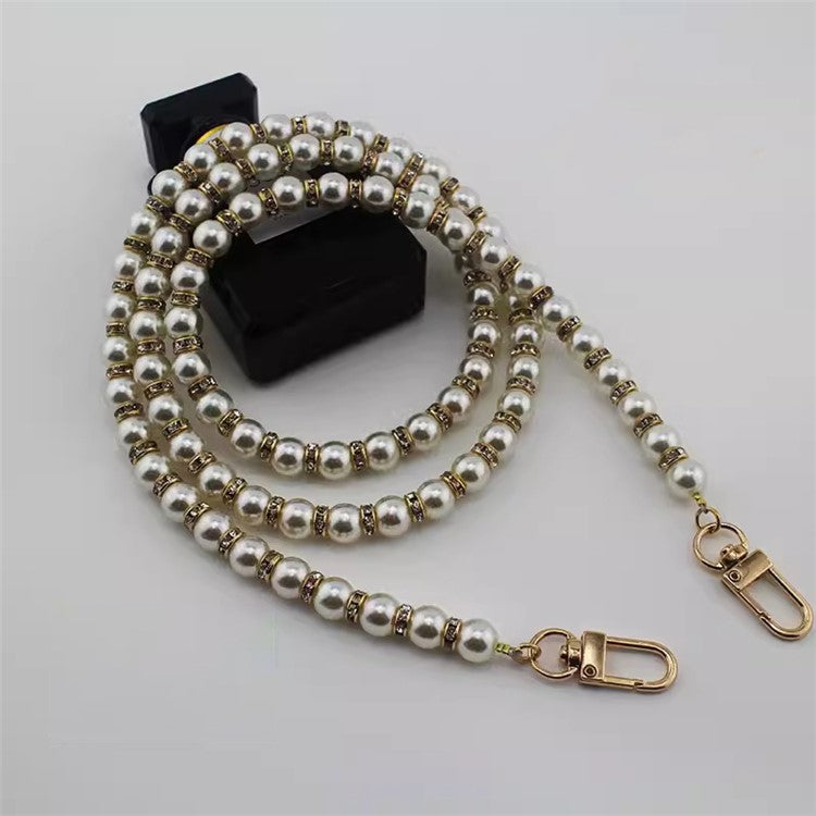 120cm Phone Lanyard Flashing Rhinestone Pearl Beaded Crossbody Chain Strap - Gold