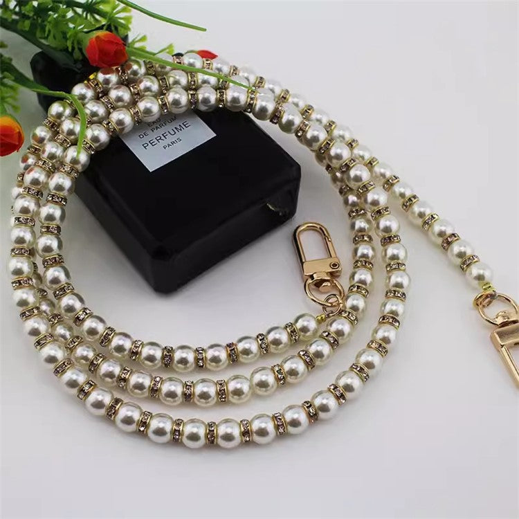 120cm Phone Lanyard Flashing Rhinestone Pearl Beaded Crossbody Chain Strap - Gold