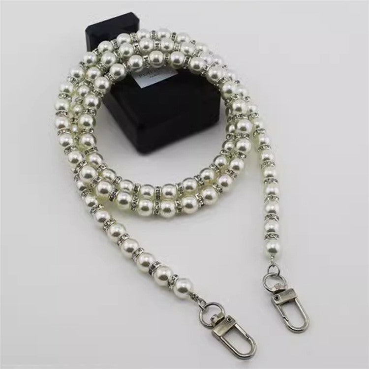 120cm Phone Lanyard Flashing Rhinestone Pearl Beaded Crossbody Chain Strap - Silver