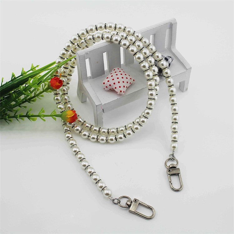 120cm Phone Lanyard Flashing Rhinestone Pearl Beaded Crossbody Chain Strap - Silver