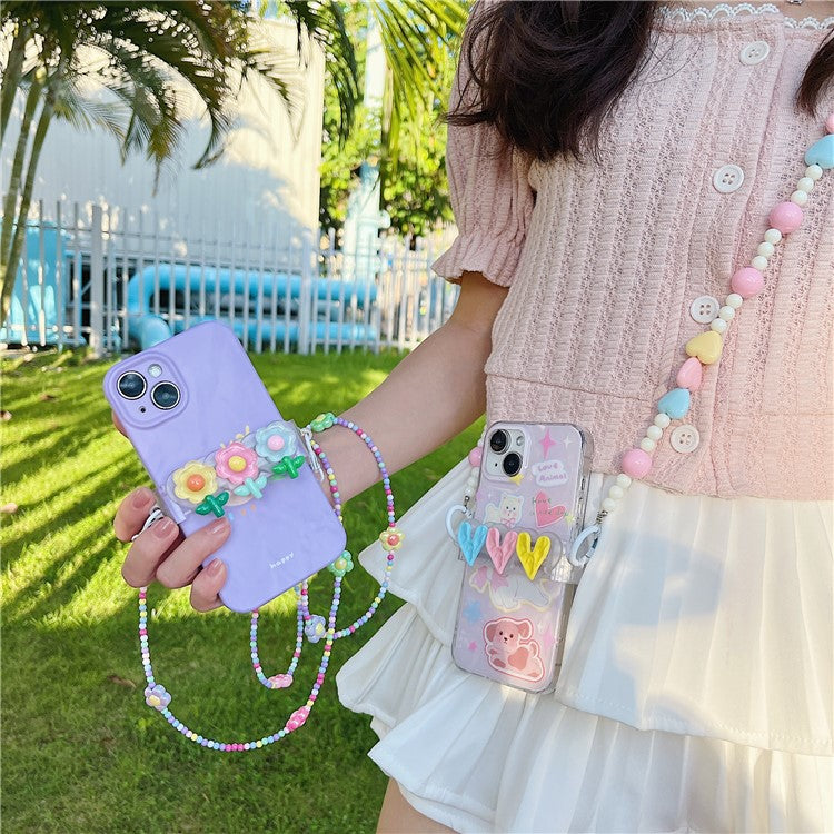 Phone Clamp Mount Portable Phone Clip Beads Chain Shoulder Strap Lanyard - Flower