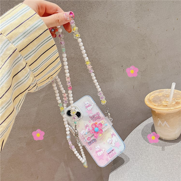 Universal Phone Lanyard Flowers Crossbody Mobile Phone Strap with Back Clip - White