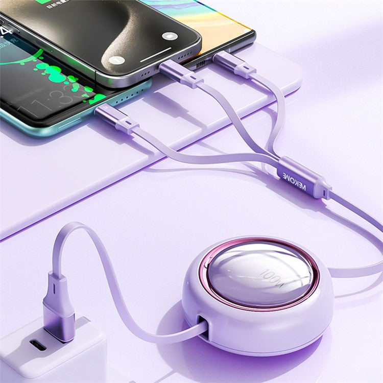 WEKOME WDC-18 Star Series 1.2m 3-in-1 Retractable 100W Fast Charging Cable Date Cord - Purple