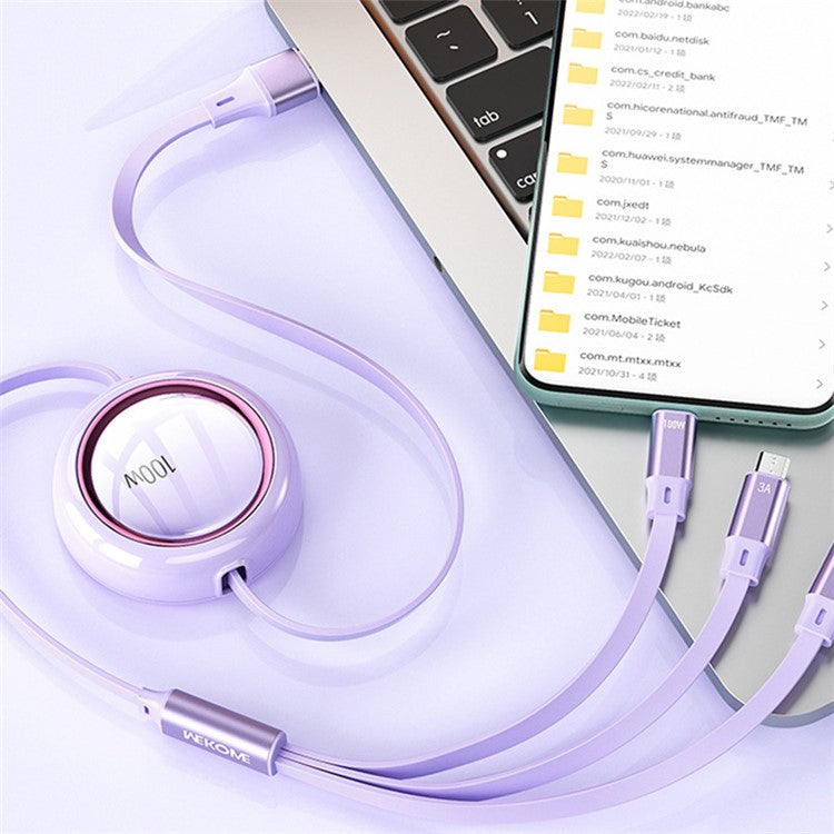 WEKOME WDC-18 Star Series 1.2m 3-in-1 Retractable 100W Fast Charging Cable Date Cord - Purple